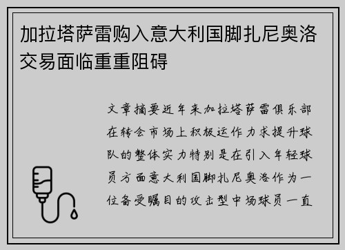 加拉塔萨雷购入意大利国脚扎尼奥洛交易面临重重阻碍