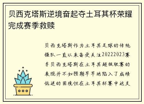 贝西克塔斯逆境奋起夺土耳其杯荣耀完成赛季救赎